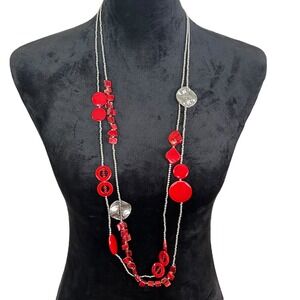 Red Shell Statement Necklace Long Beaded Strand Fashion Jewelry 39 in